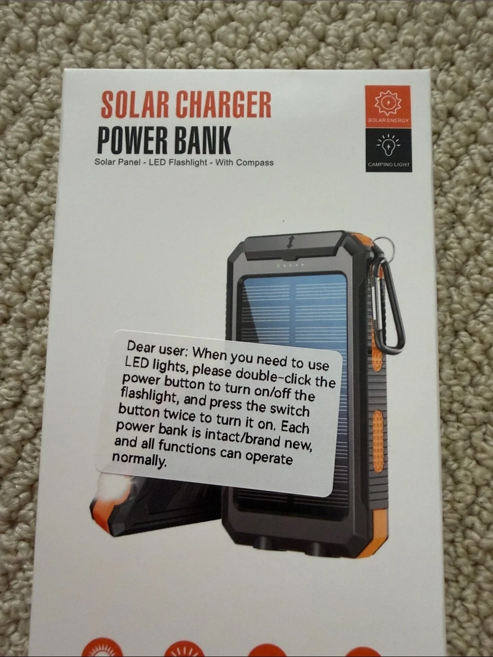 NEW Solar Charger Power Bank with LED Flashlight - Black & Orange